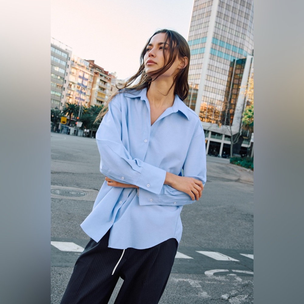 NWT Zara Blue Cotton Oxford Button-Up Shirt